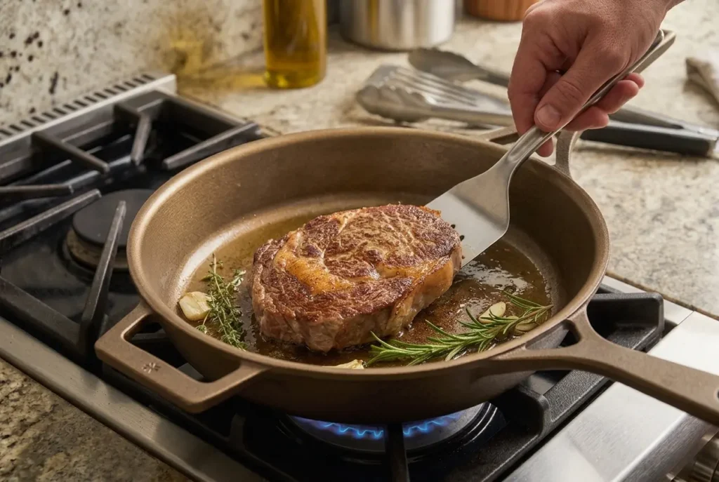A person cooking a steak using stargazer cast iron 10.5 inches skillet