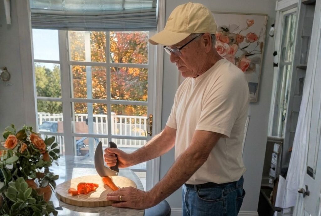 John in the kitchen slicing a carrot using his new NULU knife